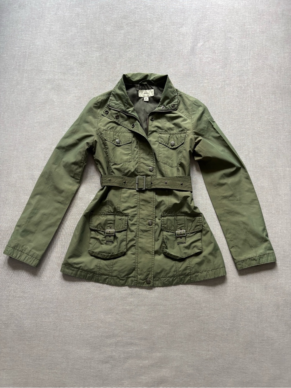 Vintage Merona Y2K Army Green Nylon Windbreaker Utility Belted Jacket XS